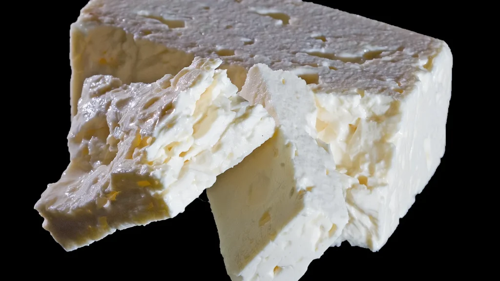 A block of white brined feta cheese, cut to show its crumbly texture