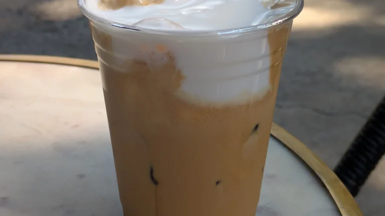 A Greek freddo cappuccino: iced espresso topped with thick cold milk foam