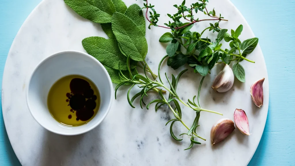 Fresh basil, rosemary and other herbs with garlic and olive oil, options when you need a thyme substitute