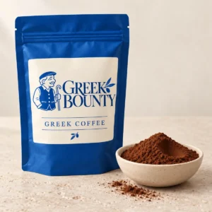 Greek Bounty packaging preview with blue Pappou branding — coffee view 01