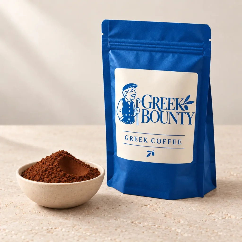 Greek Bounty packaging preview with blue Pappou branding — coffee view 02