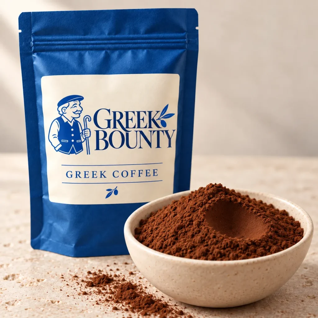 Greek Bounty packaging preview with blue Pappou branding — coffee view 03