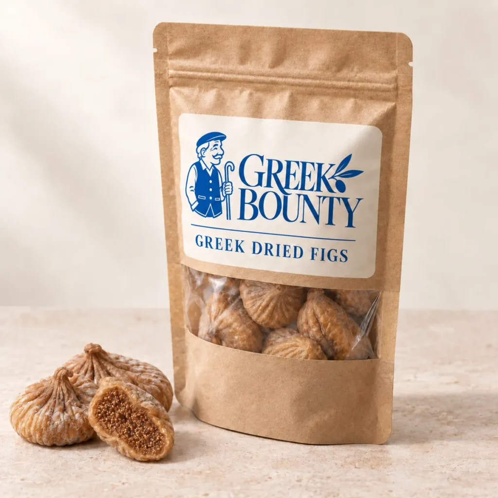 Greek Bounty packaging preview with blue Pappou branding — figs view 02