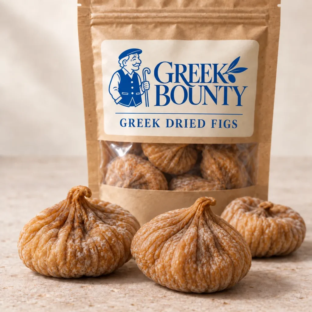 Greek Bounty packaging preview with blue Pappou branding — figs view 03