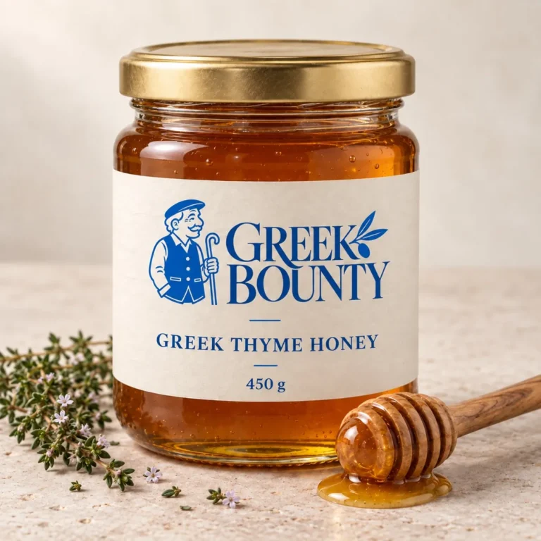 Greek Bounty packaging preview with blue Pappou branding — honey view 01