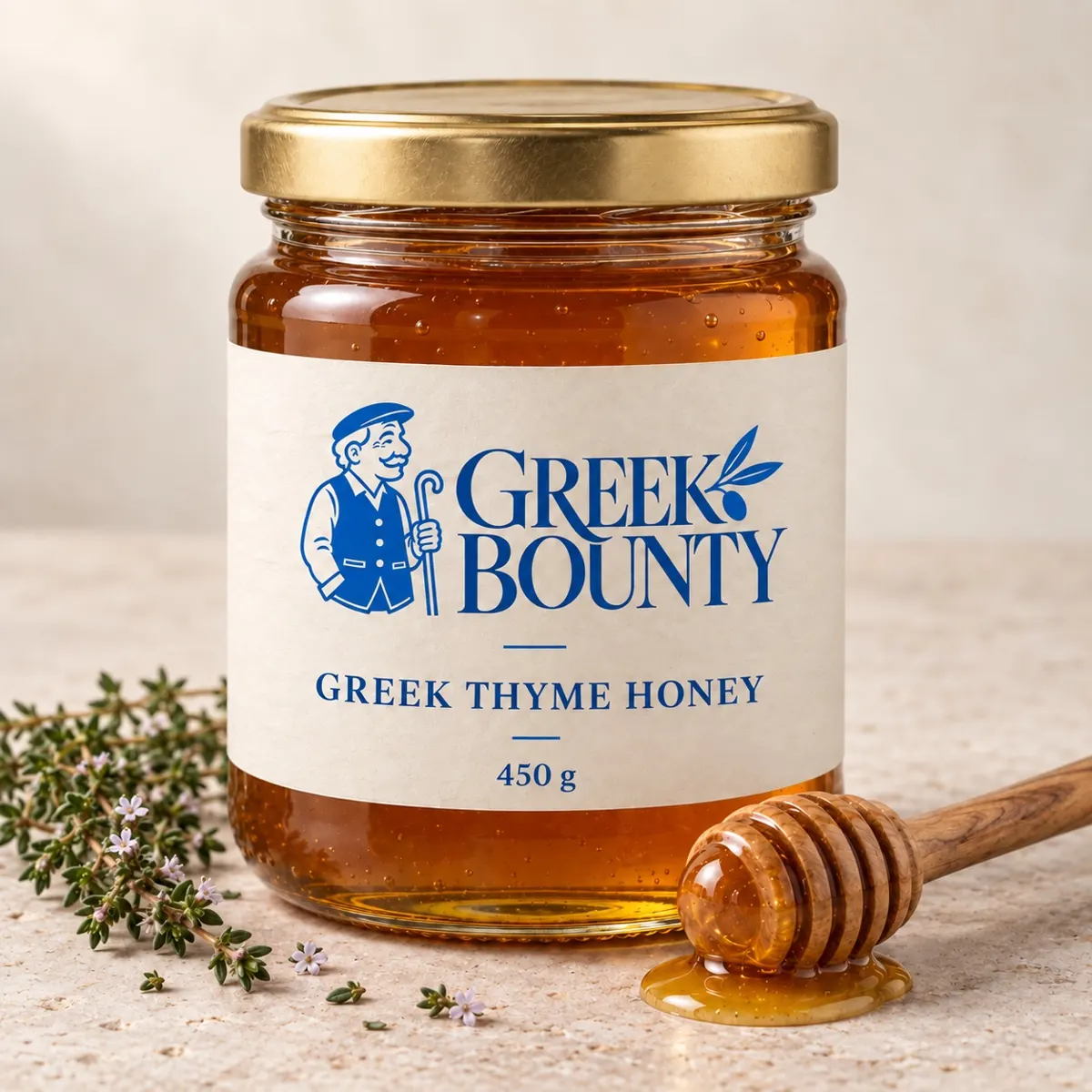 Greek Bounty packaging preview with blue Pappou branding — honey view 01