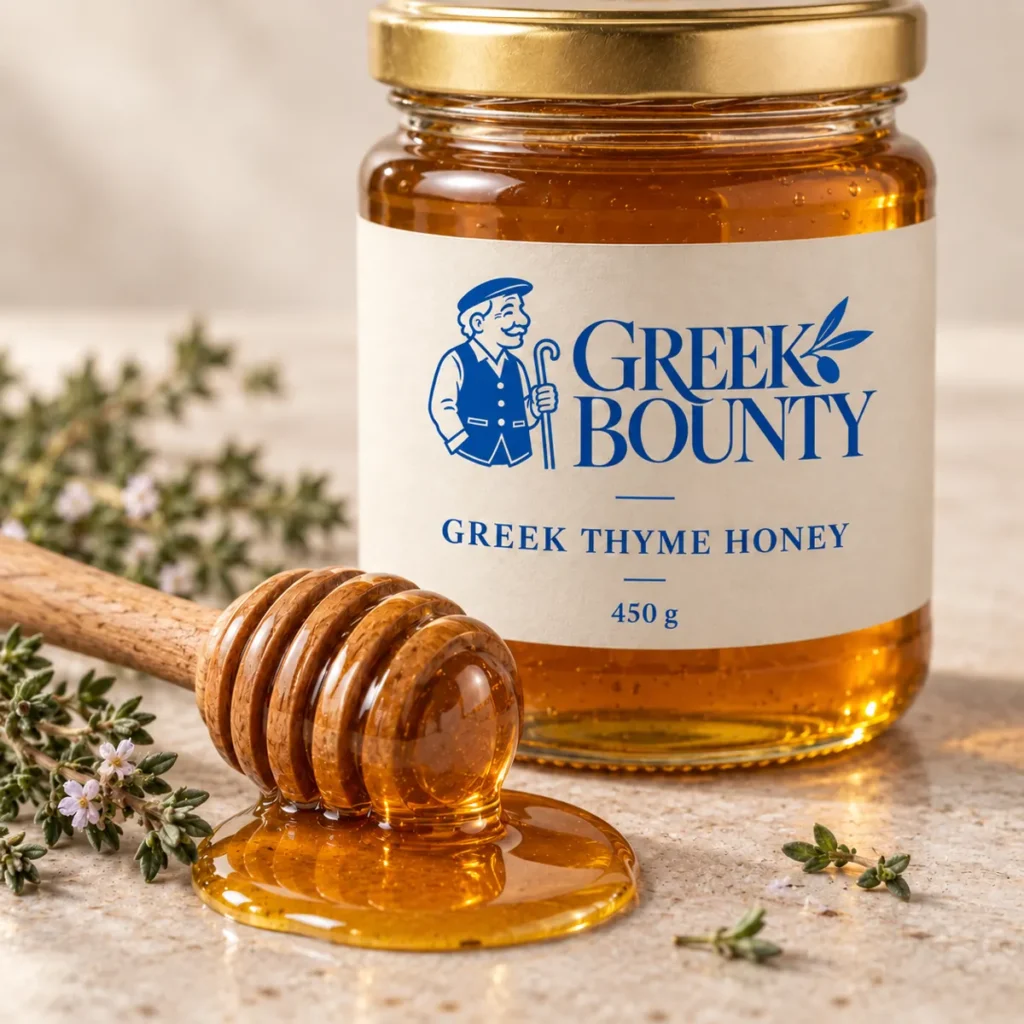 Greek Bounty packaging preview with blue Pappou branding — honey view 03