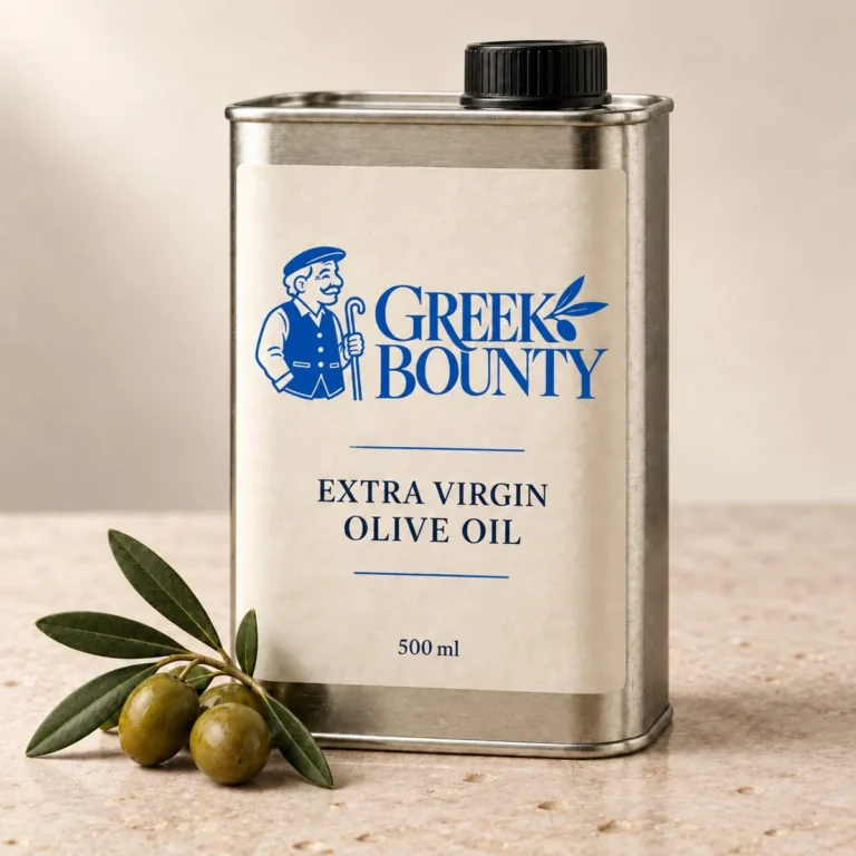 Greek Bounty packaging preview with blue Pappou branding — oil view 01