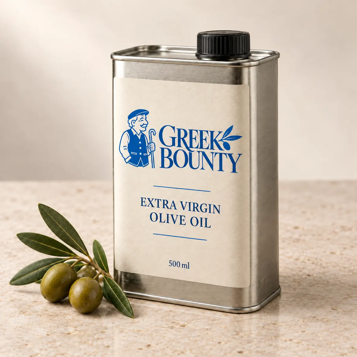 Greek Bounty packaging preview with blue Pappou branding — oil view 02