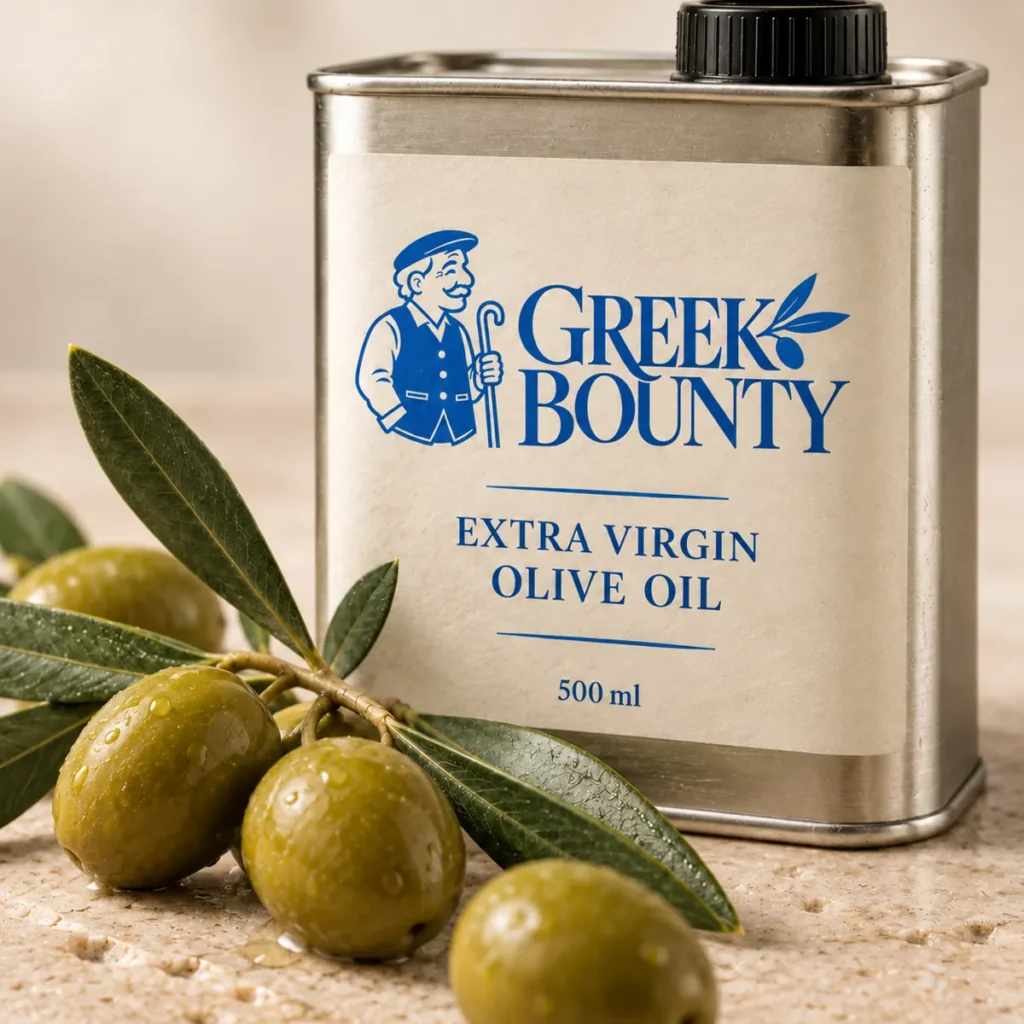 Greek Bounty packaging preview with blue Pappou branding — oil view 03