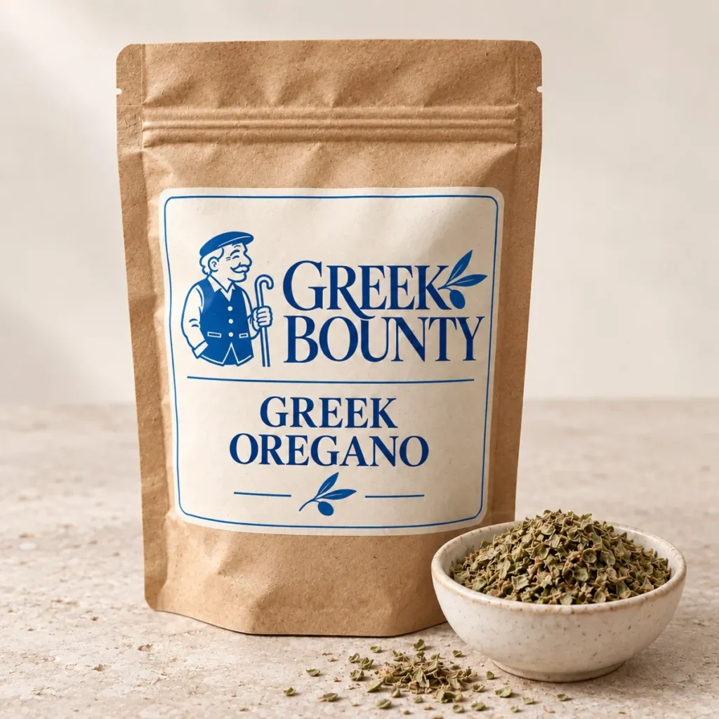 Greek Bounty packaging preview with blue Pappou branding — oregano view 01