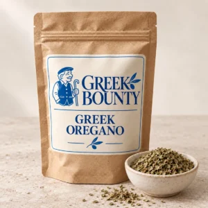 Greek Bounty packaging preview with blue Pappou branding — oregano view 01