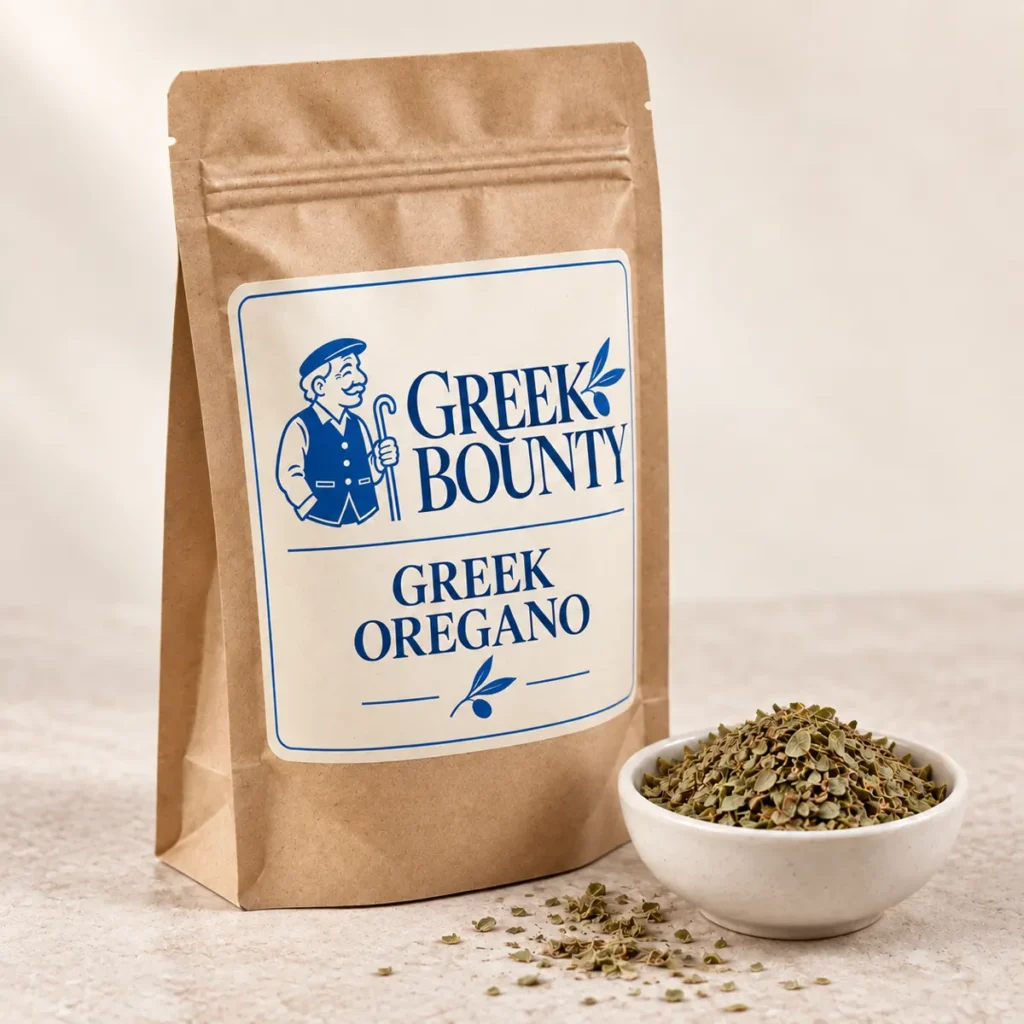 Greek Bounty packaging preview with blue Pappou branding — oregano view 02