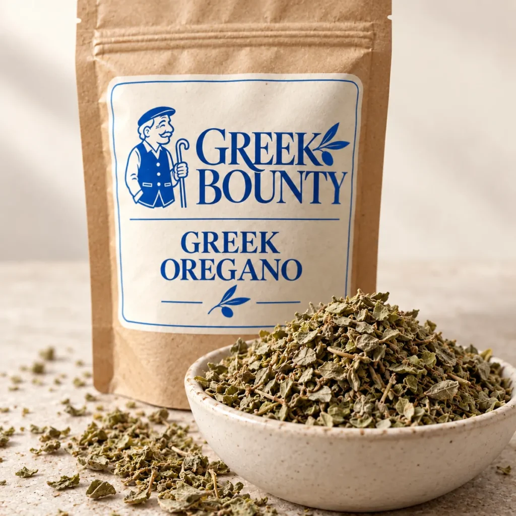 Greek Bounty packaging preview with blue Pappou branding — oregano view 03