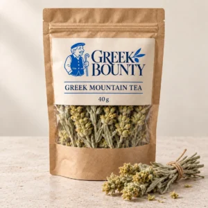 Greek Bounty packaging preview with blue Pappou branding — tea view 01