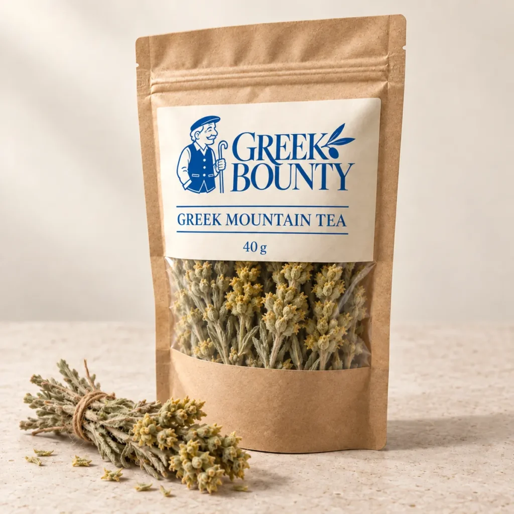 Greek Bounty packaging preview with blue Pappou branding — tea view 02