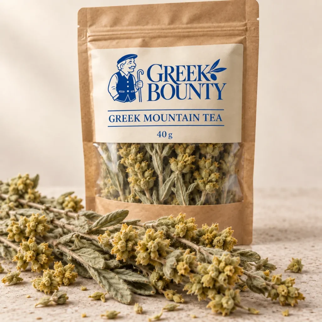 Greek Bounty packaging preview with blue Pappou branding — tea view 03