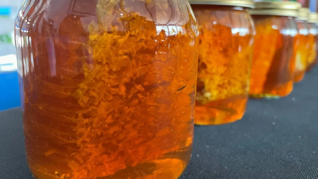 Jars of golden honey on display, lit from behind