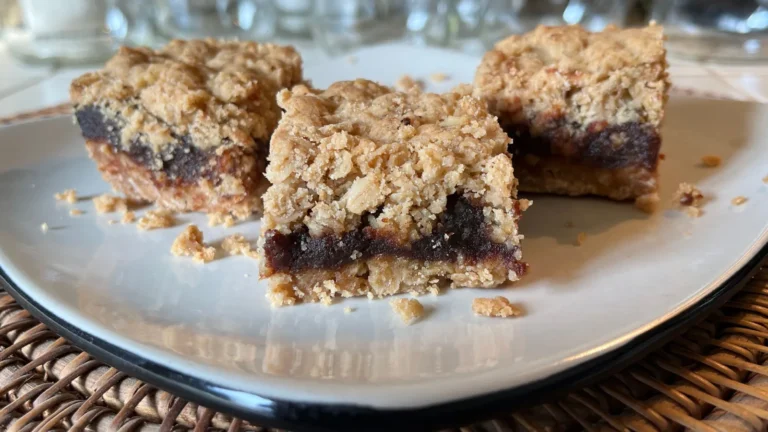 Oat crumble bars with a dark fruit filling, cut into squares