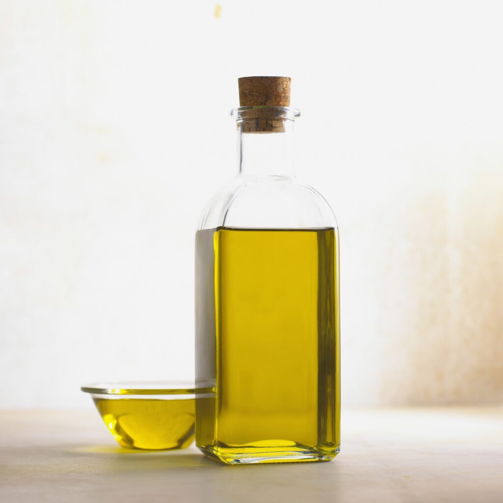 Olive oil in a glass bottle