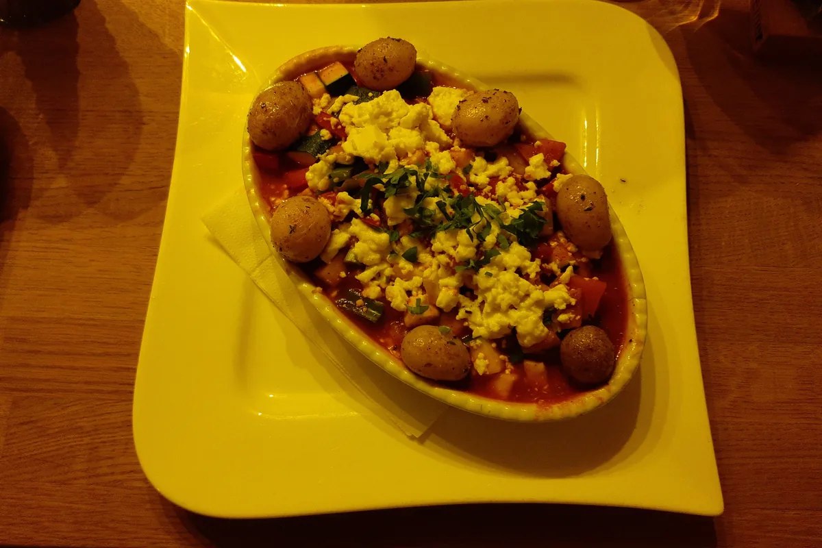 Ratatouille served with feta and baby potatoes, a close cousin of Greek briam