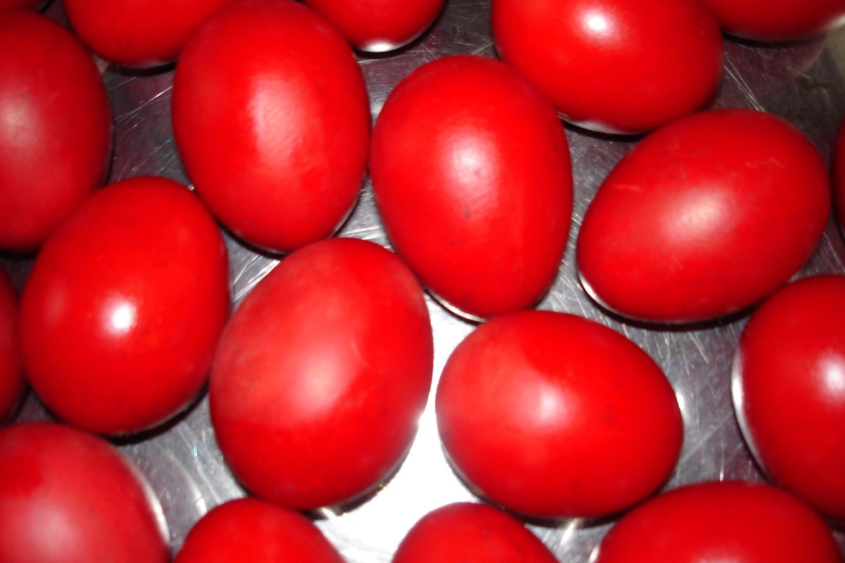 A pile of red-dyed eggs, made for Greek Orthodox Easter