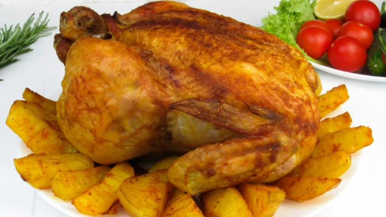 A whole roast chicken with golden potatoes in a baking dish