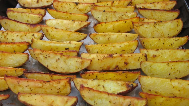 Golden roasted potato wedges on a baking tray, the way Greek lemon potatoes are cooked