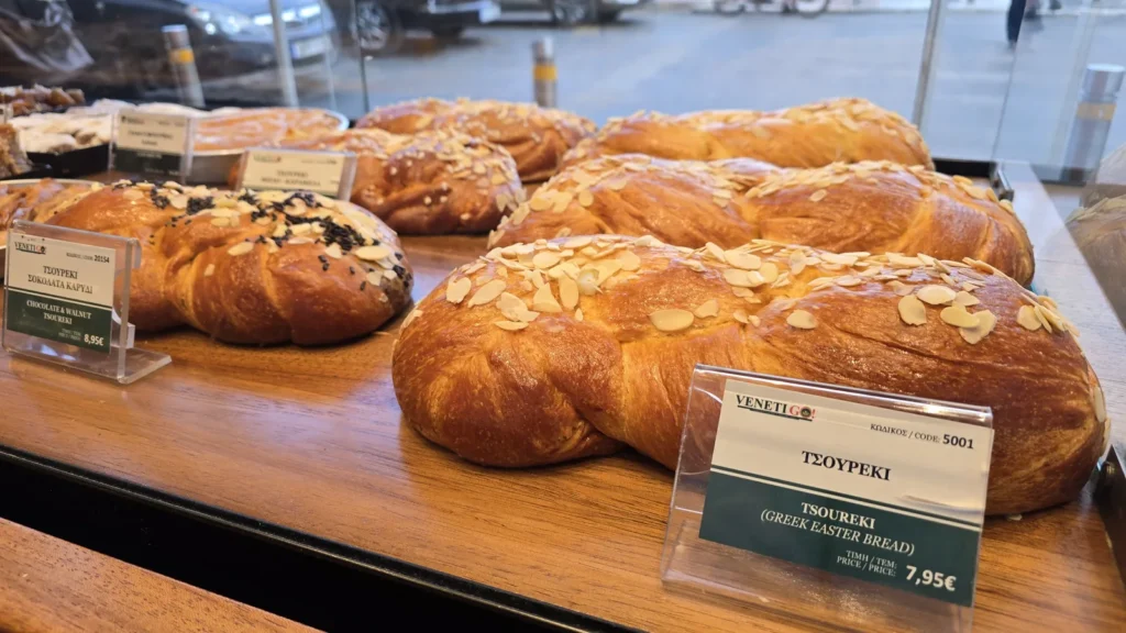 Braided tsoureki, Greek Easter bread, on display in a bakery in Athens