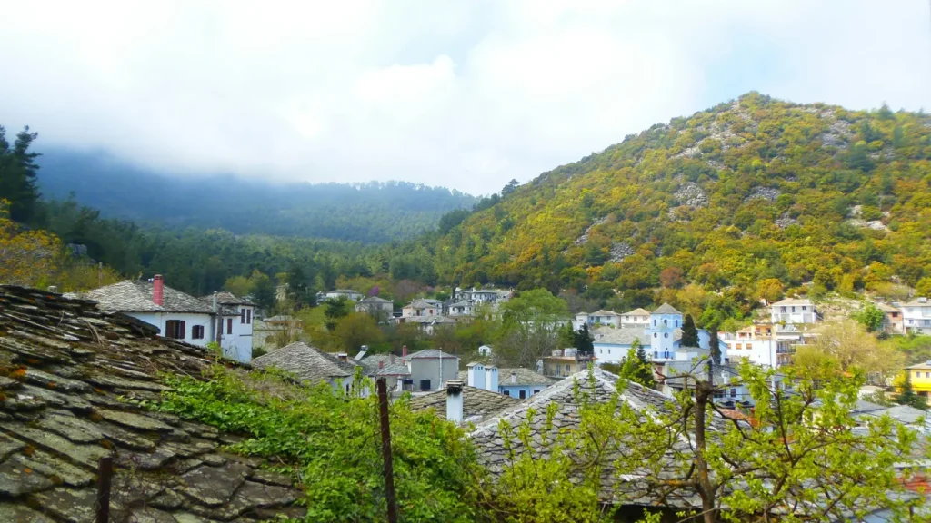 Pine-covered hills around a village on Thassos, a home of Greek pine honey vs thyme honey