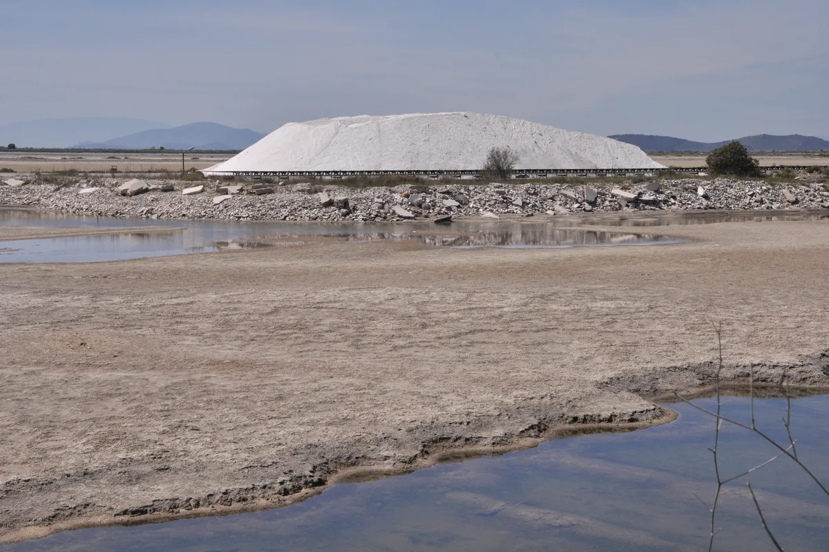 Sea salt heaps beside the Messolonghi salt lagoon in western Greece