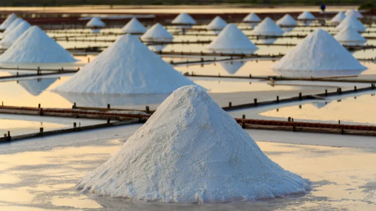 Salt pans with piles of hand-raked sea salt, illustrating what is fleur de sel