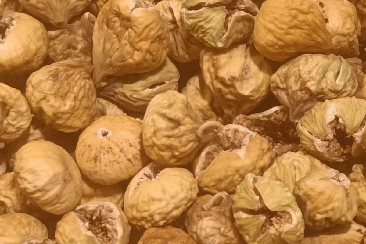 Pile of whole dried figs ready for trimming before eating